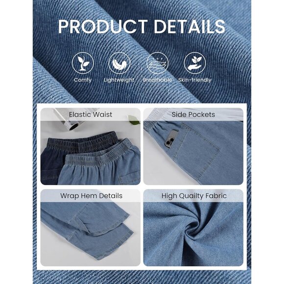 Women's Baggy Wide Leg Denim Pants Cotton Elastic Waist Casual Loose Fit - Picture 5 of 5